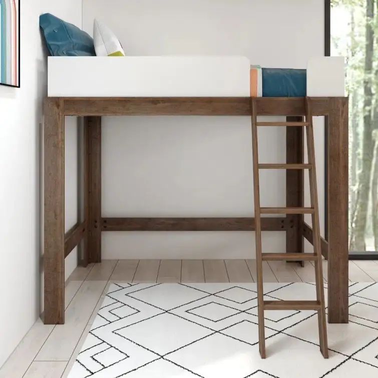 Twin over Queen L-Shaped Bunk Bed, Mid-Century Modern Bunk Solid Wood Bunk for Kids, Strong Wood Slat Support