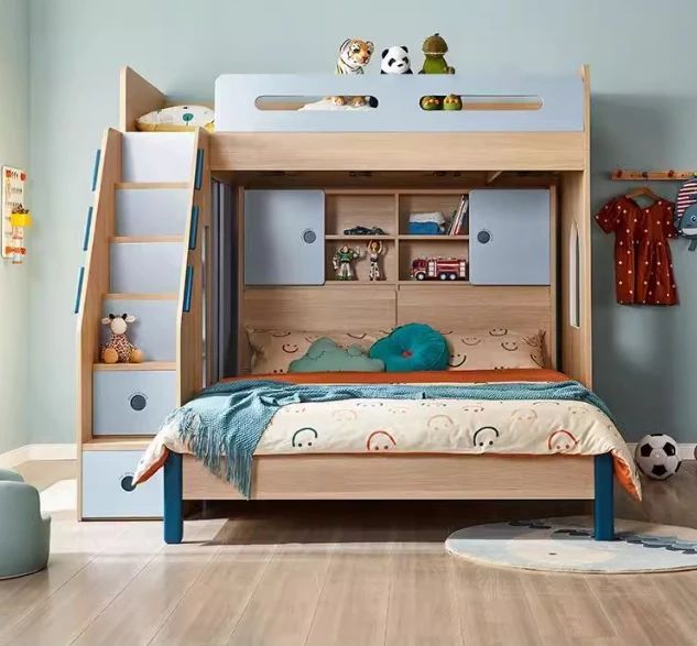 Children's Integrated Furniture Offset Type Mother-Child Bed with Double-Layered Ladder Cabinet for Bedroom Use