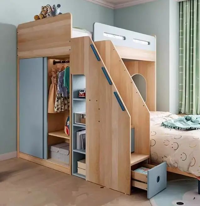 Children's Integrated Furniture Offset Type Mother-Child Bed with Double-Layered Ladder Cabinet for Bedroom Use