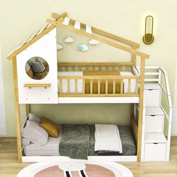 Better Sleeping Environment Wood Frame Twin over Twin Bunk Bed with Roof and Ladder for Kids for Bedroom or Living Room