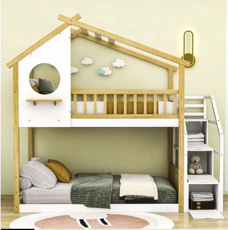 Better Sleeping Environment Wood Frame Twin over Twin Bunk Bed with Roof and Ladder for Kids for Bedroom or Living Room