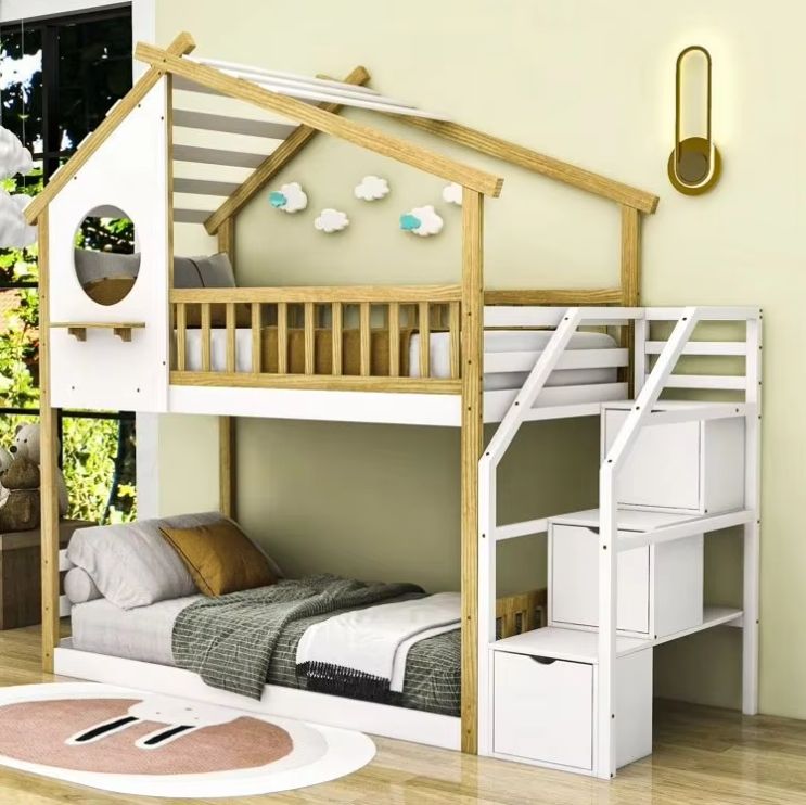 Better Sleeping Environment Wood Frame Twin over Twin Bunk Bed with Roof and Ladder for Kids for Bedroom or Living Room