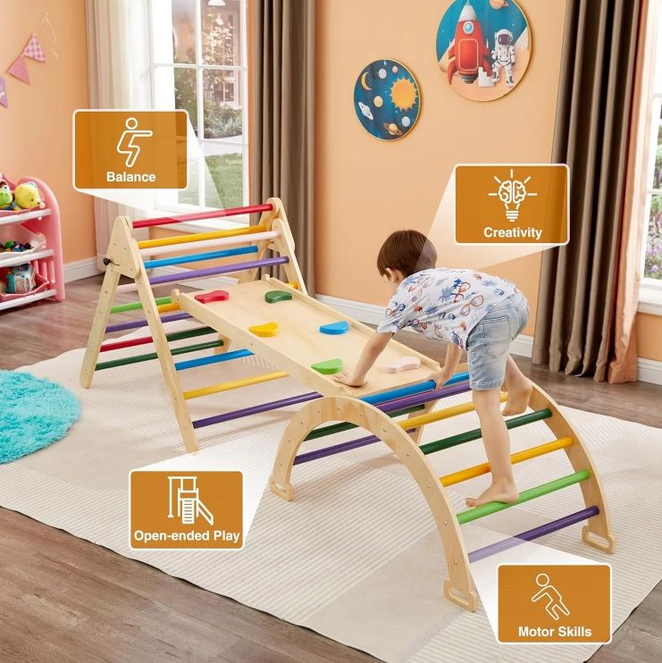 Folding 5-in-1 Wooden climb toy Climbing triangles Toy Indoor Triangle Set Sliding Lamp & Climbing Arch Lamp