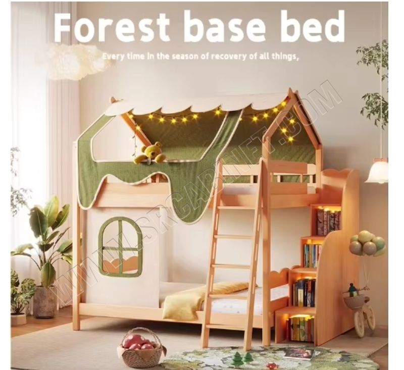 Forest Base Solid Wood Panel Bed Children's Bunk Beds with Tree House High & Low Half Height Beds Girl Tents & Slide