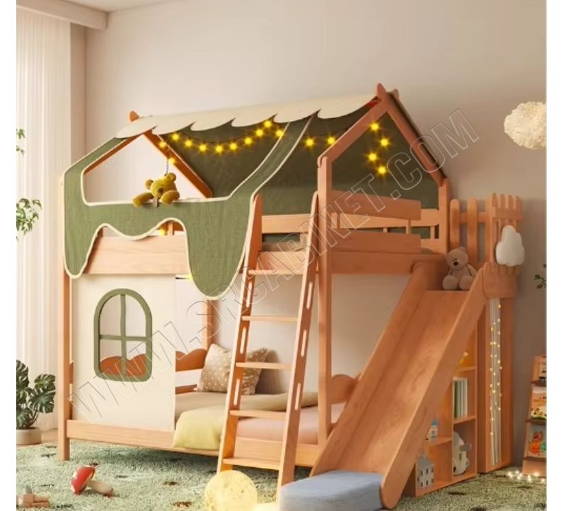 Forest Base Solid Wood Panel Bed Children's Bunk Beds with Tree House High & Low Half Height Beds Girl Tents & Slide