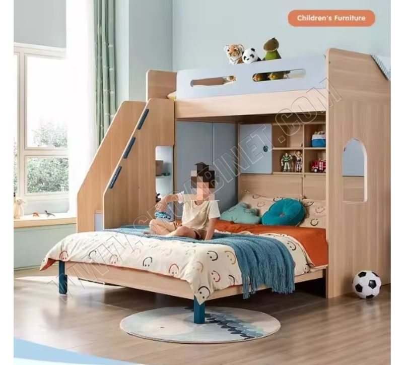 Children's Integrated Furniture Offset Type Mother-Child Bed with Double-Layered Ladder Cabinet for Bedroom Use