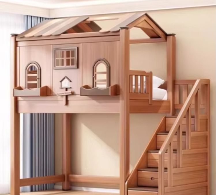 Solid Wood Children's Bunk Beds Top-Bottom Tree House Bed with Table for Home Bedroom or Park