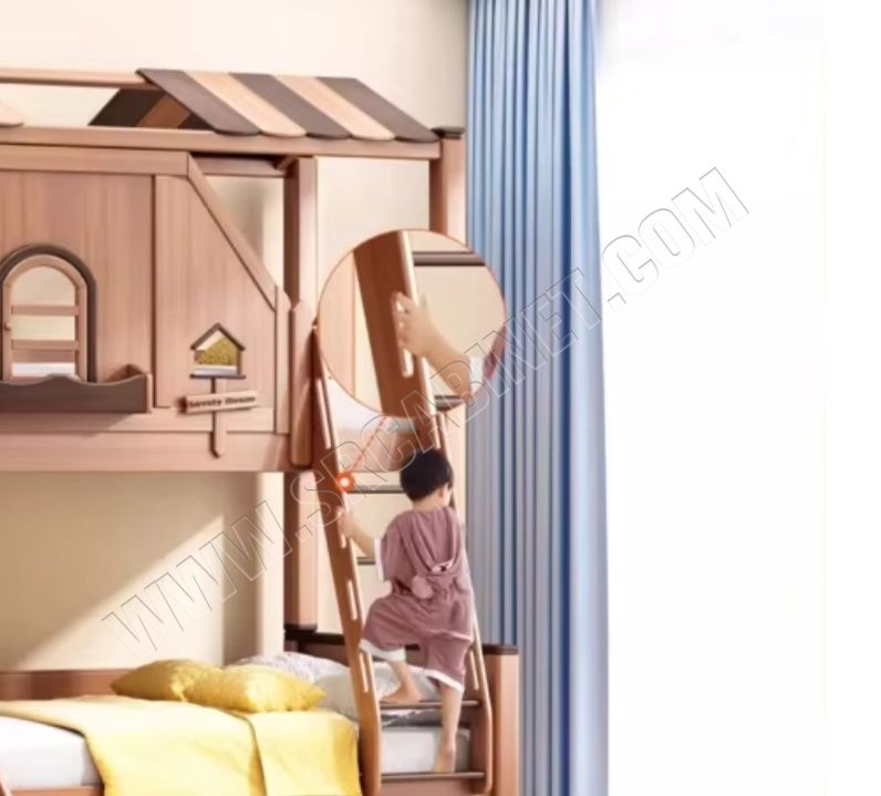 Solid Wood Children's Bunk Beds Top-Bottom Tree House Bed with Table for Home Bedroom or Park