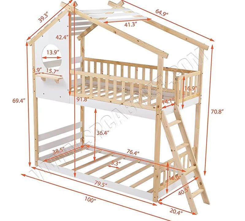 Better Sleeping Environment Wood Frame Children Beds Twin Over Twin Bunk Bed with Roof and Ladder for Kids