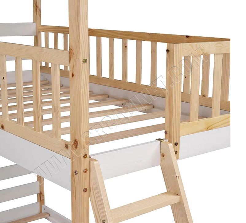 Better Sleeping Environment Wood Frame Children Beds Twin Over Twin Bunk Bed with Roof and Ladder for Kids