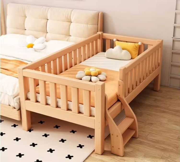 Children's Splicing Single Bed Pure Solid Wood Baby Bed for Boys and Girls Featuring a Princess-Themed Design