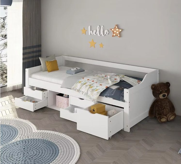 Modern Design Solid Wood Children Bed with Easy-Pullout Drawers Beautiful Panel Style Kids Beds