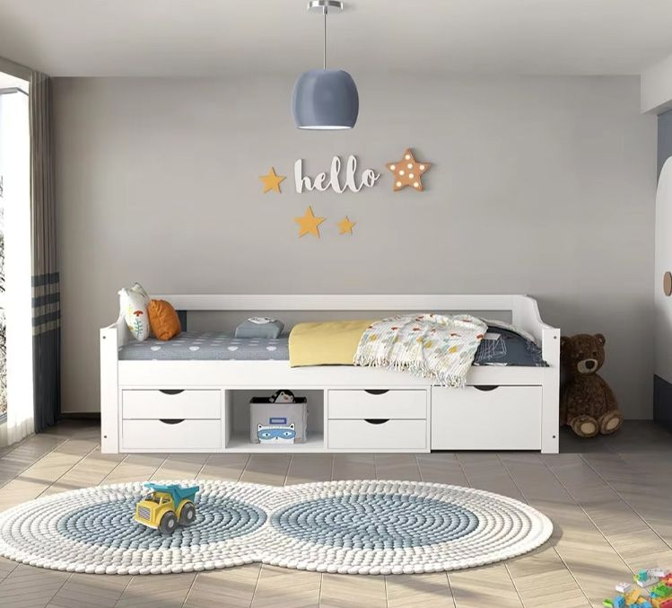 Modern Design Solid Wood Children Bed with Easy-Pullout Drawers Beautiful Panel Style Kids Beds