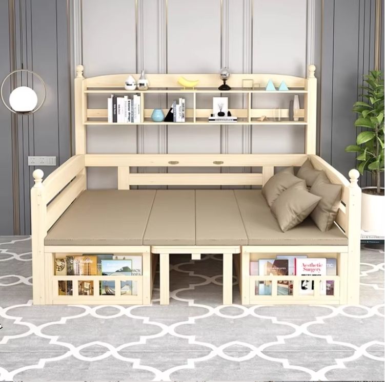 Adjustable Solid Wood Sofa Bed with Desk & Dining Table Multifunctional Living Room Unit Single Bed with Sliding Bookshelf