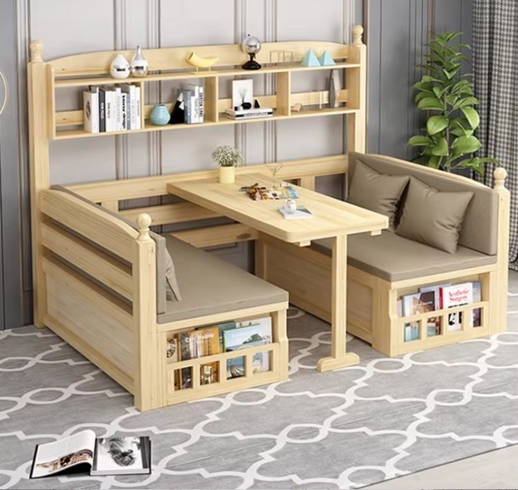 Adjustable Solid Wood Sofa Bed with Desk & Dining Table Multifunctional Living Room Unit Single Bed with Sliding Bookshelf