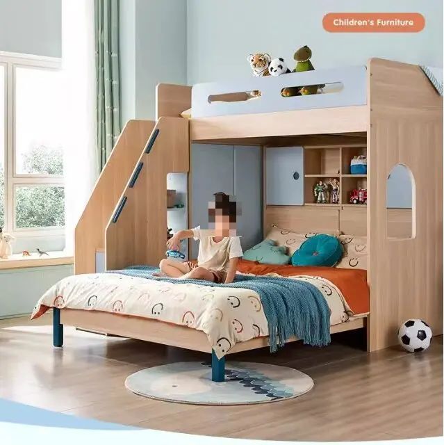 Children's Integrated Furniture Offset Type Mother-Child Bed with Double-Layered Ladder Cabinet for Bedroom Use