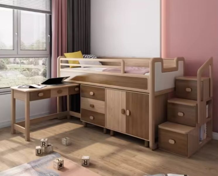 All-Solid Wood Single Bed for Children Boys Girls Half Height Elevated Bed with Multi-Functional Storage for Moms Middle Bed