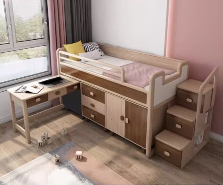 All-Solid Wood Single Bed for Children Boys Girls Half Height Elevated Bed with Multi-Functional Storage for Moms Middle Bed