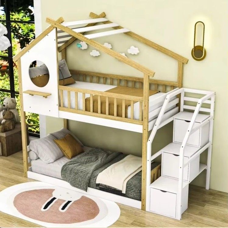 Better Sleeping Environment Wood Frame Twin over Twin Bunk Bed with Roof and Ladder for Kids for Bedroom or Living Room