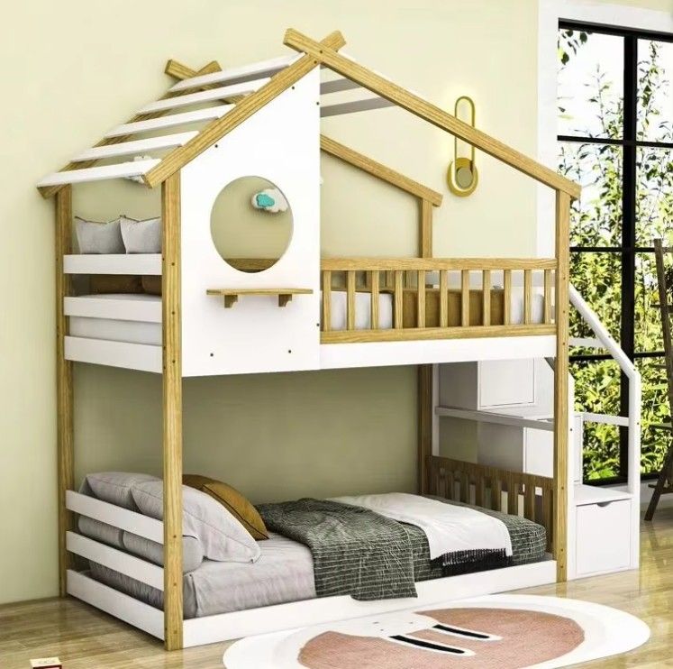 Better Sleeping Environment Wood Frame Twin over Twin Bunk Bed with Roof and Ladder for Kids for Bedroom or Living Room