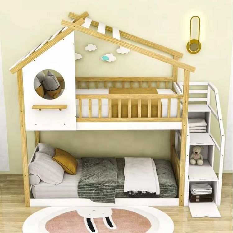 Better Sleeping Environment Wood Frame Twin over Twin Bunk Bed with Roof and Ladder for Kids for Bedroom or Living Room