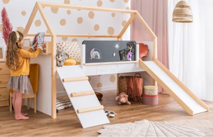 Wood Loft Bed Kids Bedroom Bunk Bed Children Wooden Bunk Bed with Slide Stairs Gym Wooden Climbing Frame