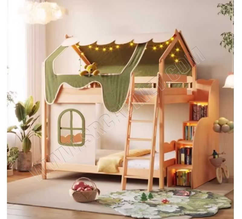 Forest Base Solid Wood Panel Bed Children's Bunk Beds with Tree House High