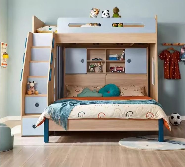 Children's Integrated Furniture Offset Type Mother-Child Bed with Double-Layered Ladder Cabinet for Bedroom Use