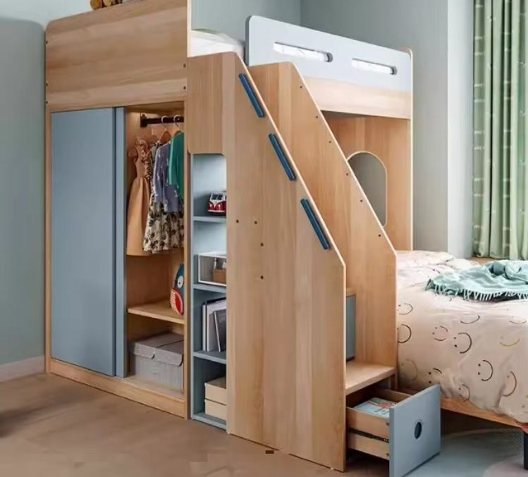 Children's Integrated Furniture Offset Type Mother-Child Bed with Double-Layered Ladder Cabinet for Bedroom Use