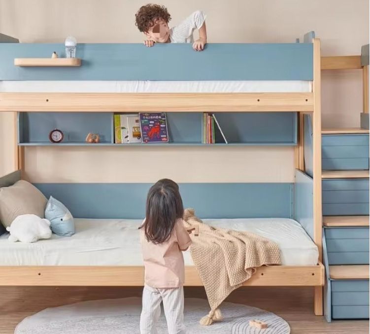 Double Decker Elevated Children's Bed Half Height Lower Bunk High Low Mother-Child Unit Panel Wood Style Small Unit Upper Bunk