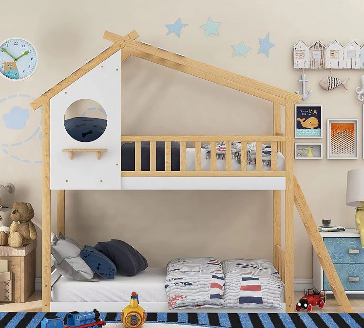 Better Sleeping Environment Wood Frame Children Beds Twin Over Twin Bunk Bed with Roof and Ladder for Kids