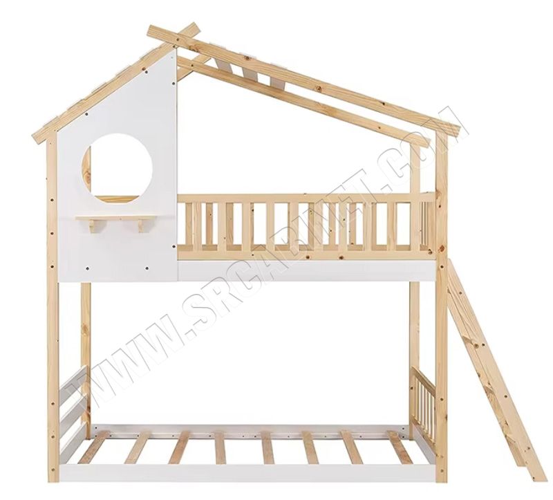 Better Sleeping Environment Wood Frame Children Beds Twin Over Twin Bunk Bed with Roof and Ladder for Kids