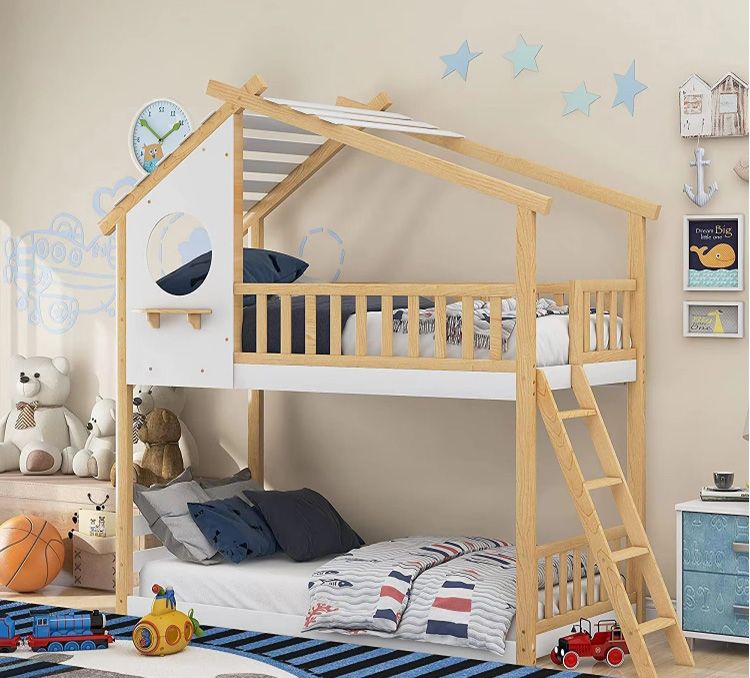 Better Sleeping Environment Wood Frame Children Beds Twin Over Twin Bunk Bed with Roof and Ladder for Kids