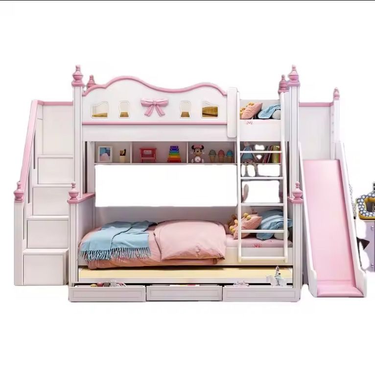 new design modern bed room furniture double bed pink white color girls with slide