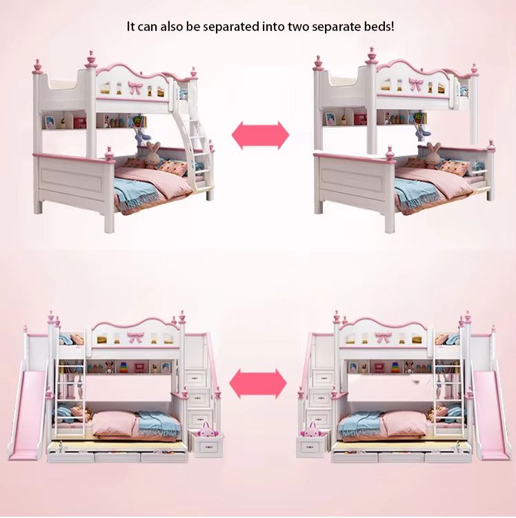 new design modern bed room furniture double bed pink white color girls with slide