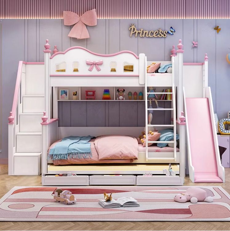 new design modern bed room furniture double bed pink white color girls with slide