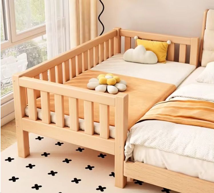 Children's Splicing Single Bed Pure Solid Wood Baby Bed for Boys and Girls Featuring a Princess-Themed Design