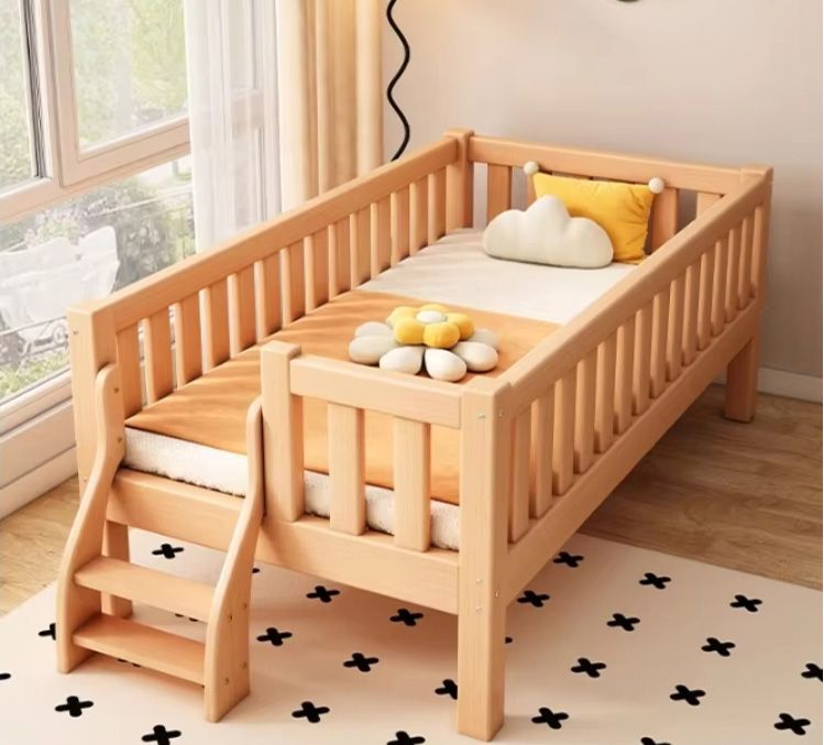 Children's Splicing Single Bed Pure Solid Wood Baby Bed for Boys and Girls Featuring a Princess-Themed Design