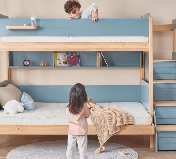 Double Decker Elevated Children's Bed Half Height Lower Bunk High Low Mother-Child Unit Panel Wood Style Small Unit Upper Bunk